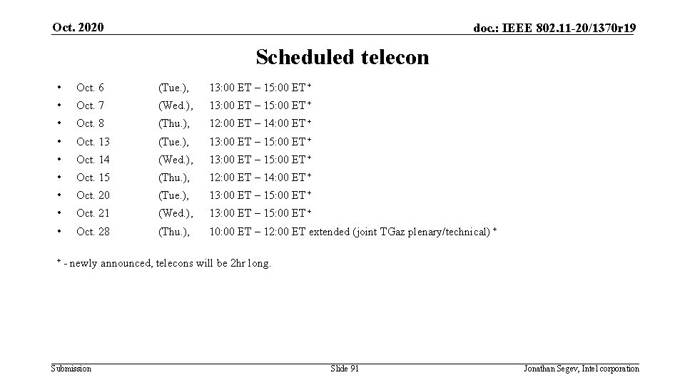 Oct. 2020 doc. : IEEE 802. 11 -20/1370 r 19 Scheduled telecon • Oct.