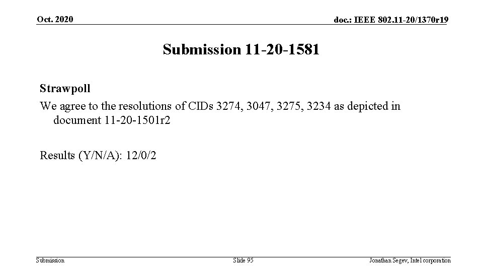 Oct. 2020 doc. : IEEE 802. 11 -20/1370 r 19 Submission 11 -20 -1581