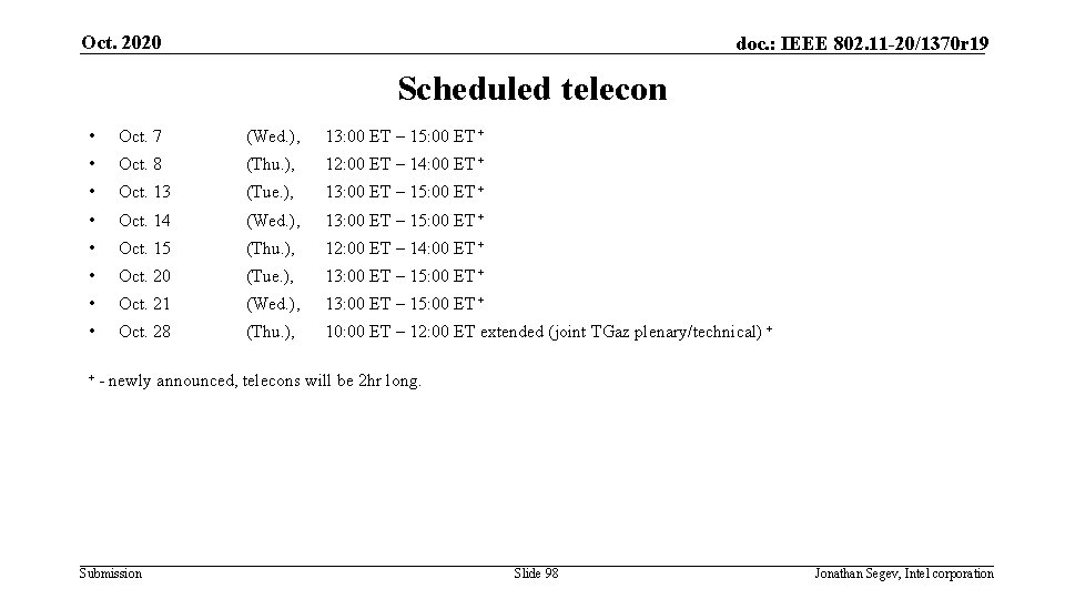 Oct. 2020 doc. : IEEE 802. 11 -20/1370 r 19 Scheduled telecon • Oct.