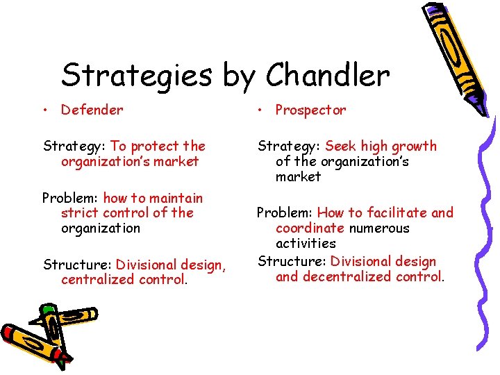 Strategies by Chandler • Defender • Prospector Strategy: To protect the organization’s market Strategy: