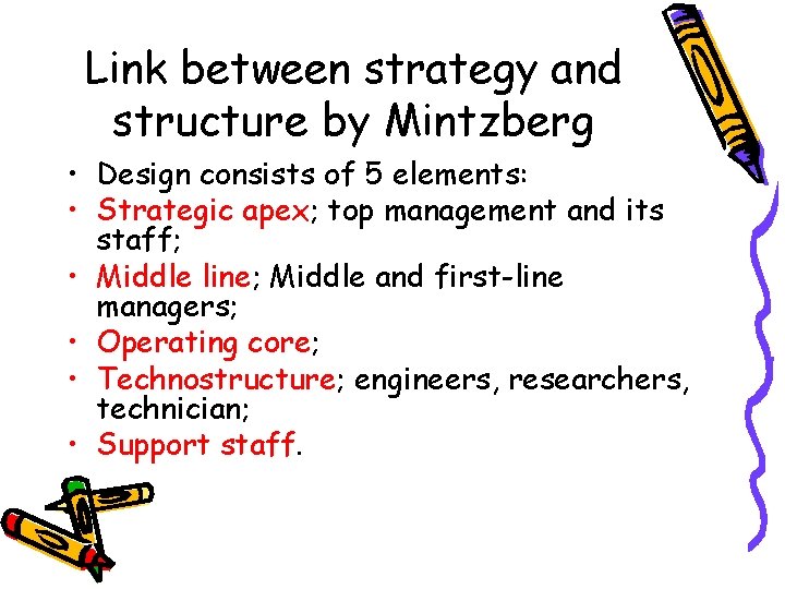 Link between strategy and structure by Mintzberg • Design consists of 5 elements: •