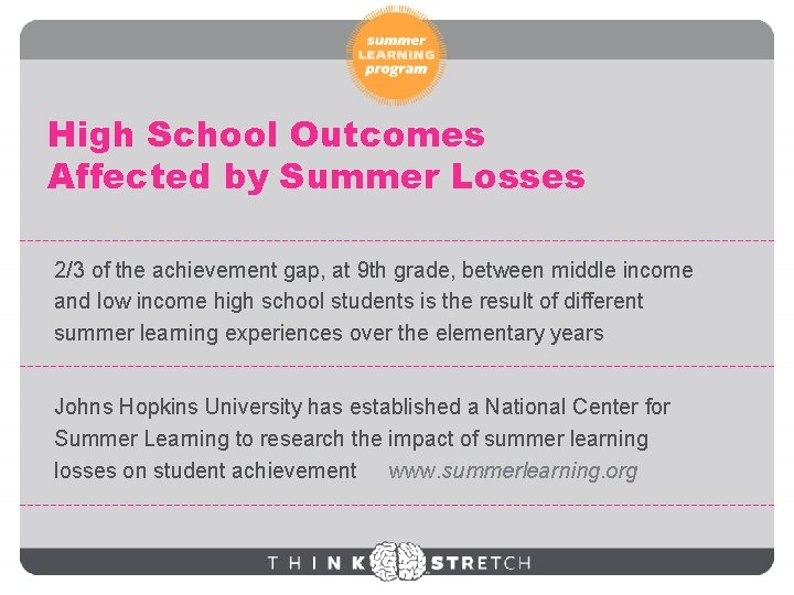 High School Outcomes Affected by Summer Losses 2/3 of the achievement gap, at 9
