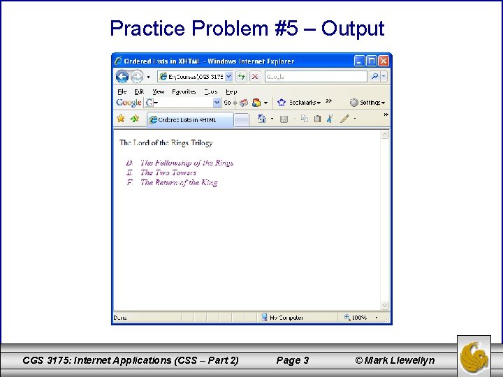 Practice Problem #5 – Output CGS 3175: Internet Applications (CSS – Part 2) Page