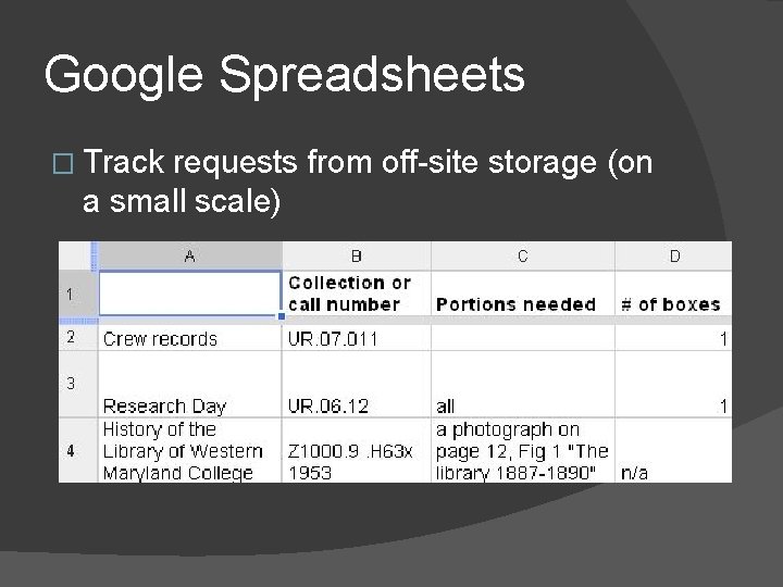 Google Spreadsheets � Track requests from off-site storage (on a small scale) 