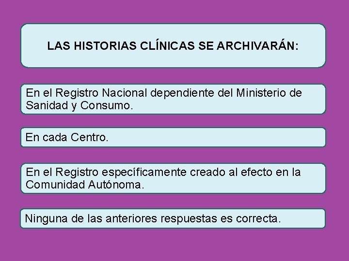 LAS HISTORIAS CLÍNICAS SE ARCHIVARÁN: En el Registro Nacional dependiente del Ministerio de Sanidad