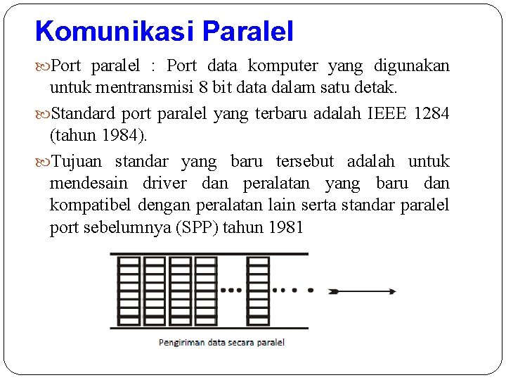 Komunikasi Paralel Port paralel : Port data komputer yang digunakan untuk mentransmisi 8 bit