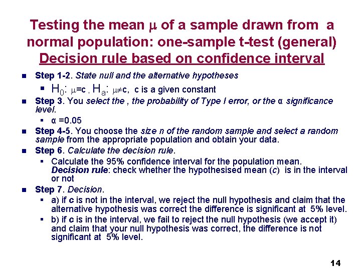 Testing the mean of a sample drawn from a normal population: one-sample t-test (general)