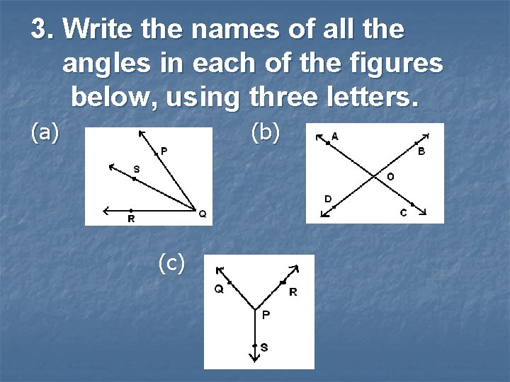 3. Write the names of all the angles in each of the figures below,