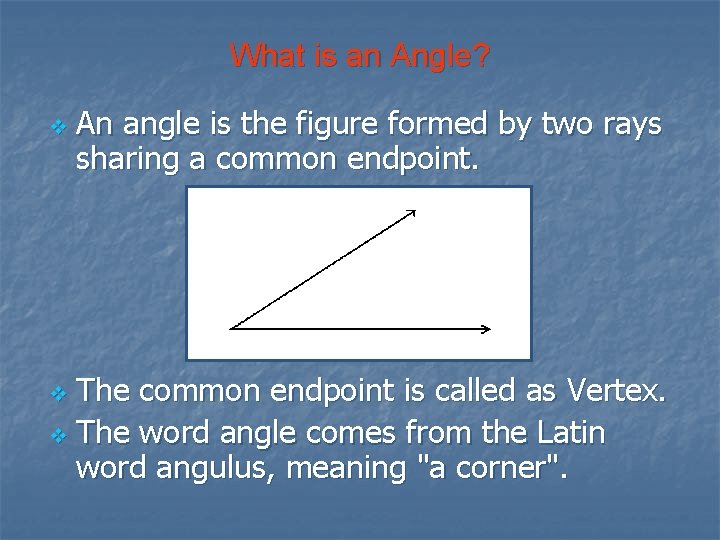 What is an Angle? v An angle is the figure formed by two rays