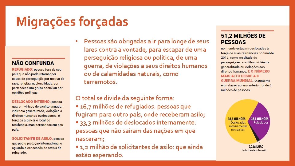 Migrações forçadas • Pessoas são obrigadas a ir para longe de seus lares contra