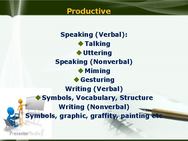 Productive Speaking (Verbal): u Talking u Uttering Speaking (Nonverbal) u Miming u Gesturing Writing