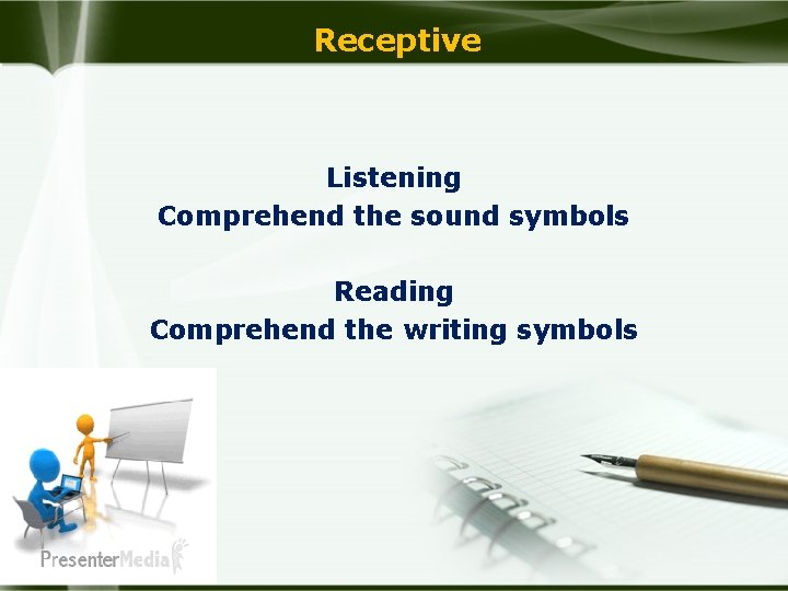 Receptive Listening Comprehend the sound symbols Reading Comprehend the writing symbols 
