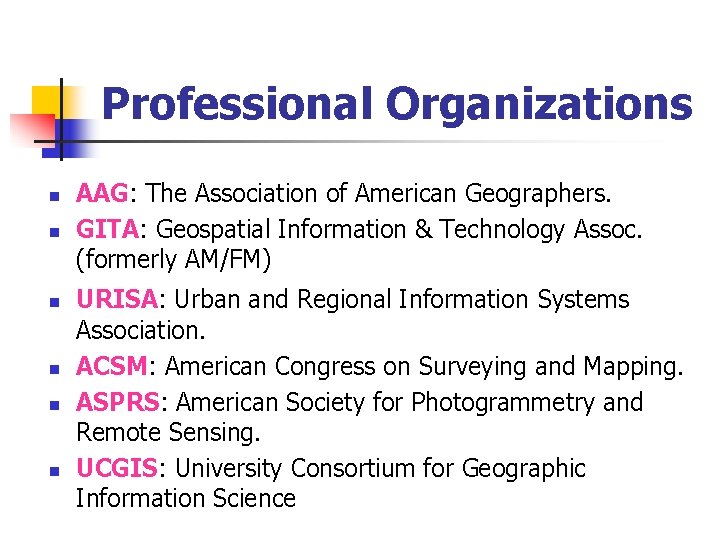 Professional Organizations n n n AAG: The Association of American Geographers. GITA: Geospatial Information