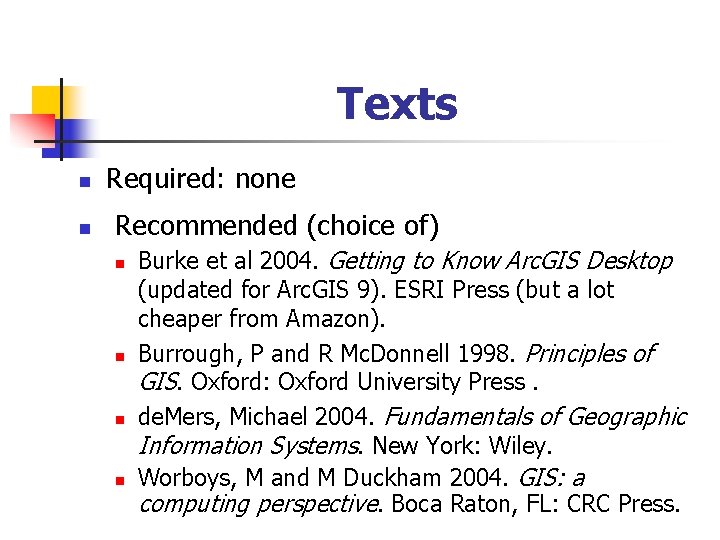 Texts n n Required: none Recommended (choice of) n n Burke et al 2004.