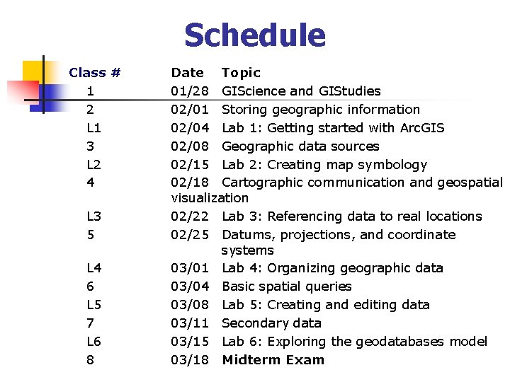 Schedule Class # 1 2 L 1 3 L 2 4 L 3 5
