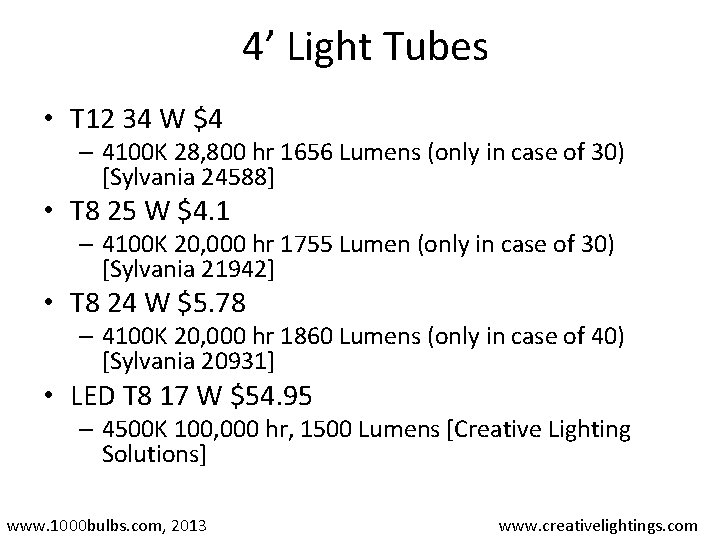 4’ Light Tubes • T 12 34 W $4 – 4100 K 28, 800
