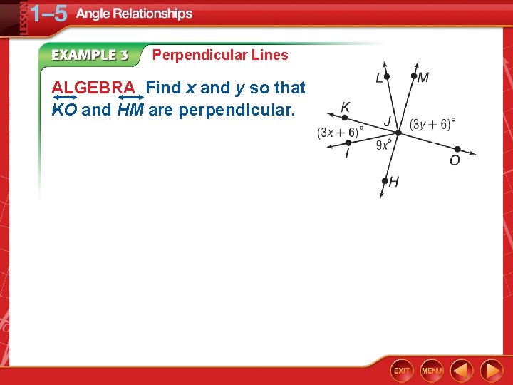 Perpendicular Lines ALGEBRA Find x and y so that KO and HM are perpendicular.