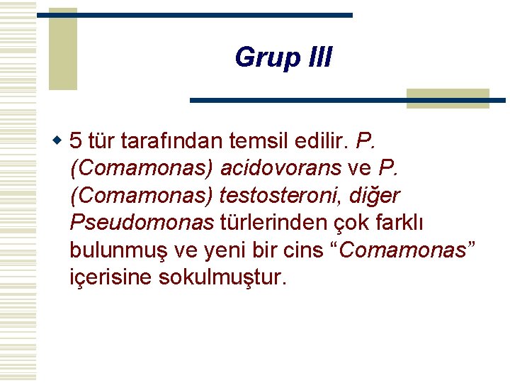 Grup III w 5 tür tarafından temsil edilir. P. (Comamonas) acidovorans ve P. (Comamonas)