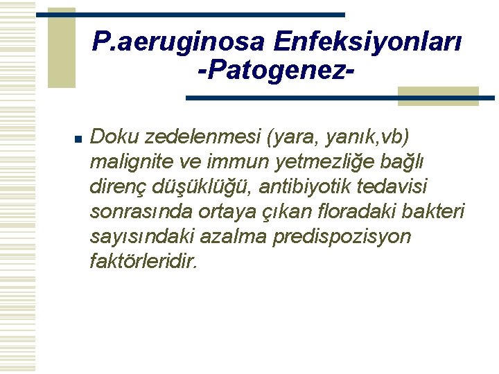 P. aeruginosa Enfeksiyonları -Patogenezn Doku zedelenmesi (yara, yanık, vb) malignite ve immun yetmezliğe bağlı