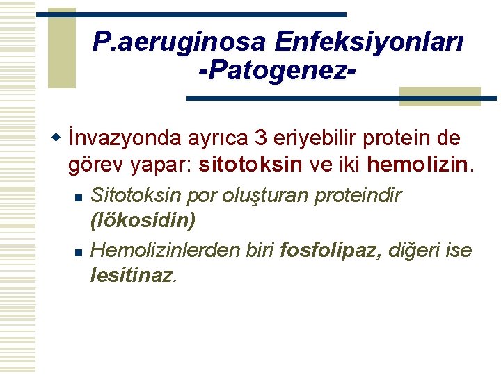 P. aeruginosa Enfeksiyonları -Patogenezw İnvazyonda ayrıca 3 eriyebilir protein de görev yapar: sitotoksin ve