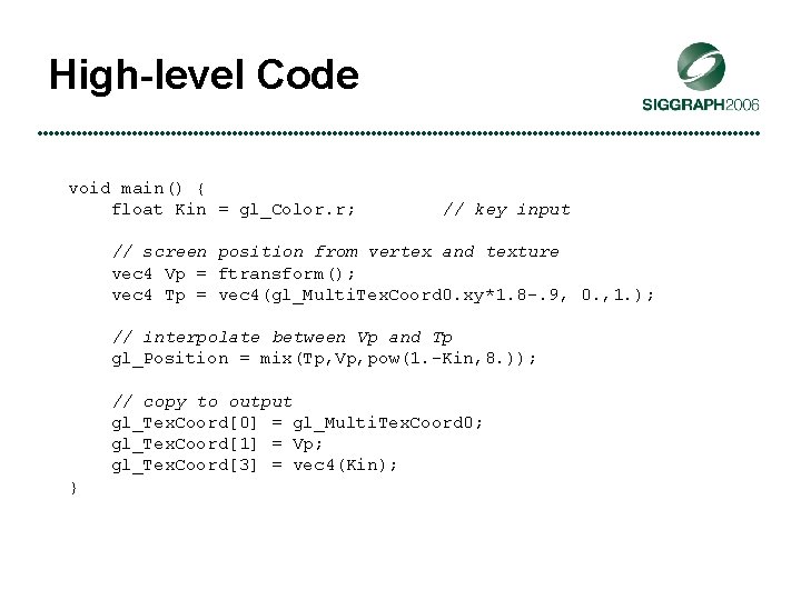 High-level Code void main() { float Kin = gl_Color. r; // key input //