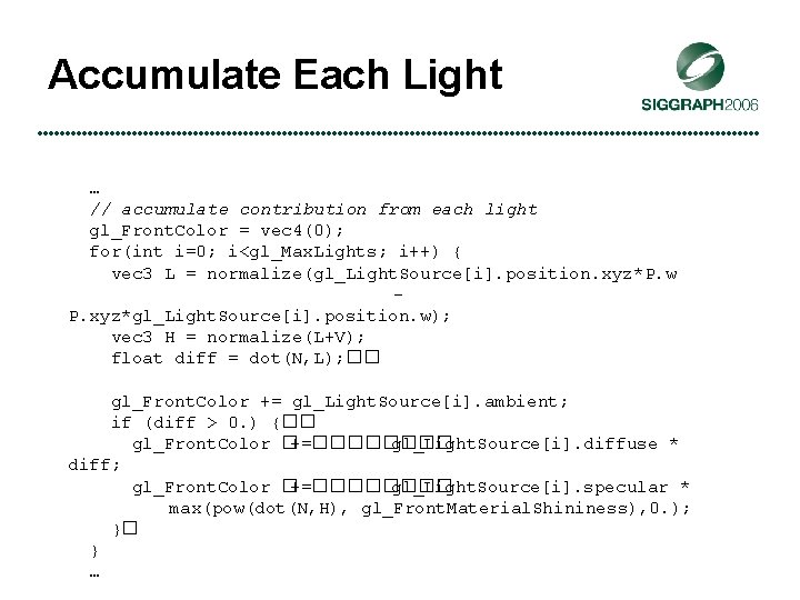 Accumulate Each Light … // accumulate contribution from each light gl_Front. Color = vec