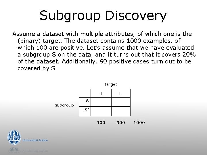 Subgroup Discovery Assume a dataset with multiple attributes, of which one is the (binary)