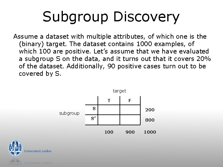 Subgroup Discovery Assume a dataset with multiple attributes, of which one is the (binary)