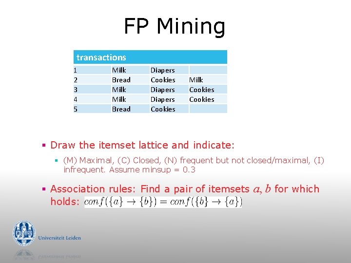 FP Mining transactions 1 2 3 4 5 Milk Bread Diapers Cookies Milk Cookies