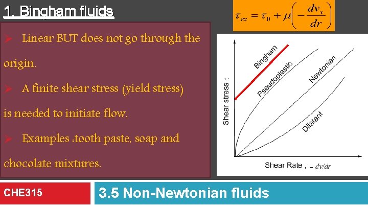 1. Bingham fluids Ø Linear BUT does not go through the origin. Ø A