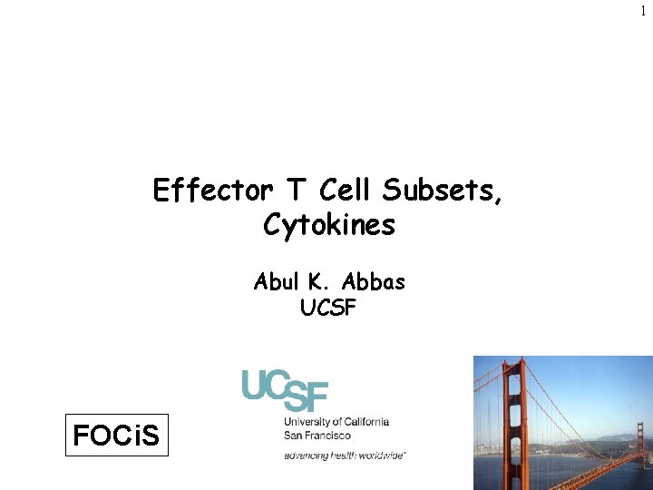 1 Effector T Cell Subsets, Cytokines Abul K. Abbas UCSF FOCi. S 