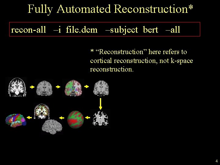 Fully Automated Reconstruction* recon-all –i file. dcm –subject bert –all * “Reconstruction” here refers