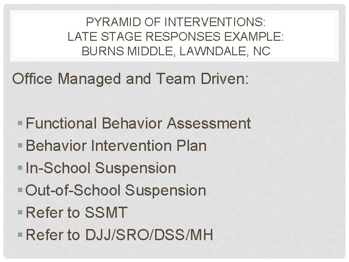 PYRAMID OF INTERVENTIONS: LATE STAGE RESPONSES EXAMPLE: BURNS MIDDLE, LAWNDALE, NC Office Managed and