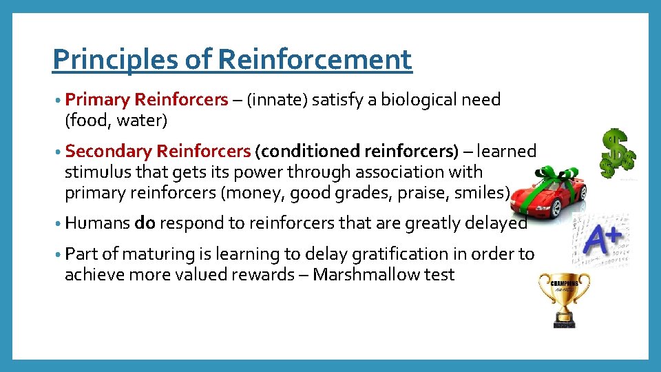 Principles of Reinforcement • Primary Reinforcers – (innate) satisfy a biological need (food, water)