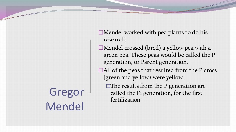 Gregor Mendel �Mendel worked with pea plants to do his research. �Mendel crossed (bred)