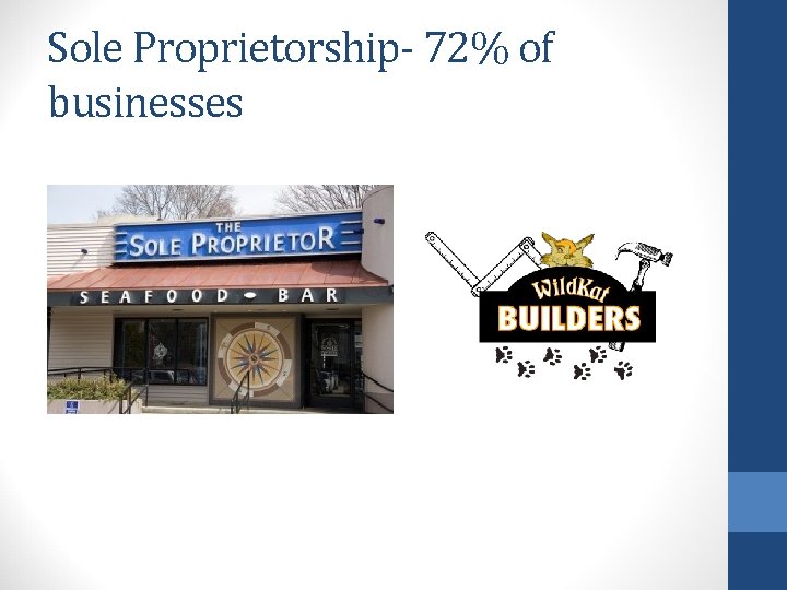 Sole Proprietorship- 72% of businesses 
