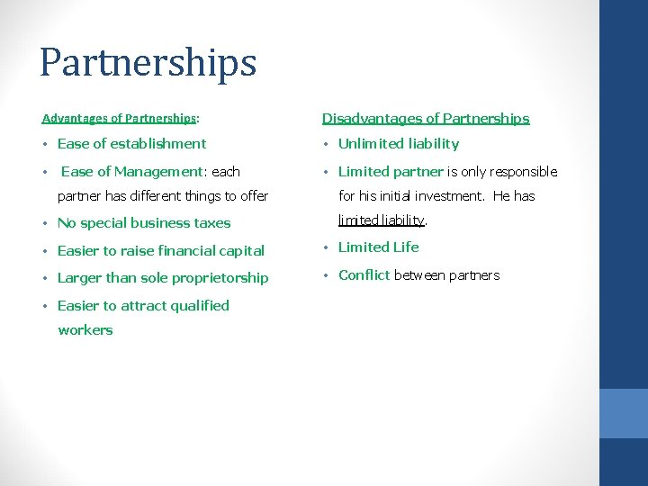 Partnerships Advantages of Partnerships: Disadvantages of Partnerships • Ease of establishment • Unlimited liability