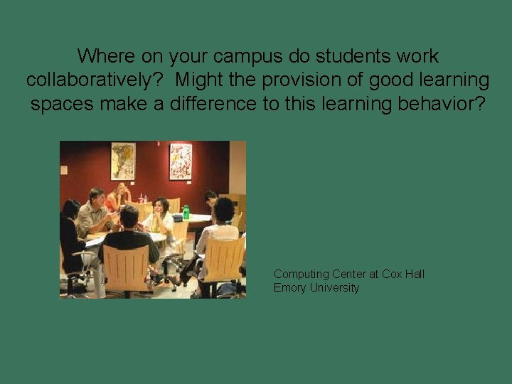 Where on your campus do students work collaboratively? Might the provision of good learning