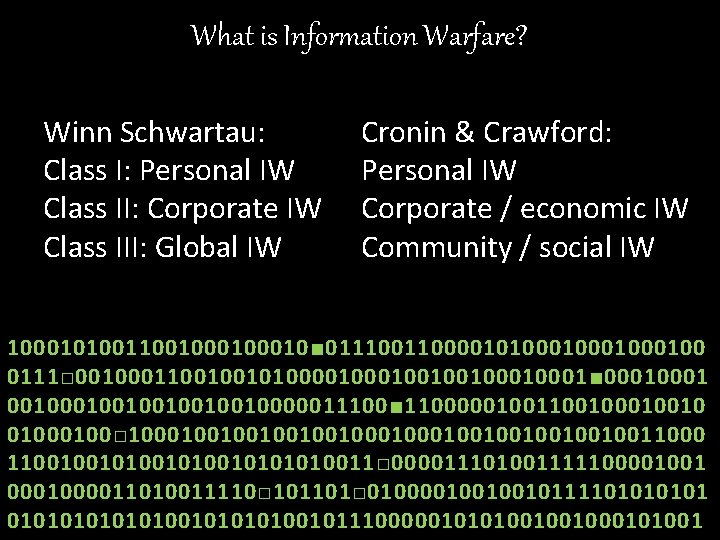 What is Information Warfare? Winn Schwartau: Class I: Personal IW Class II: Corporate IW