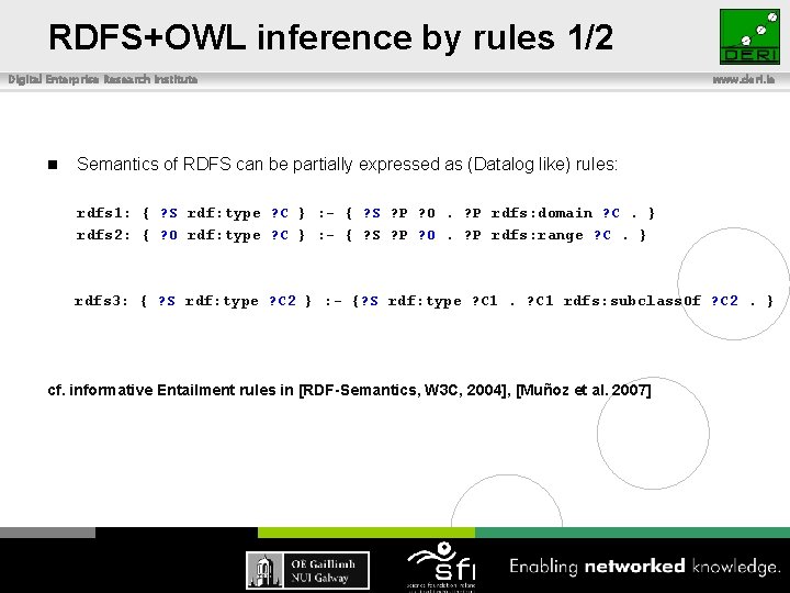 RDFS+OWL inference by rules 1/2 Digital Enterprise Research Institute n www. deri. ie Semantics