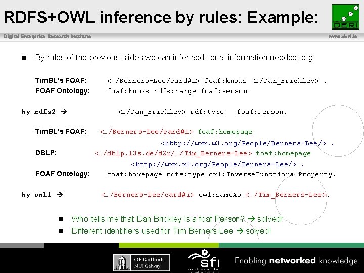 RDFS+OWL inference by rules: Example: Digital Enterprise Research Institute n By rules of the