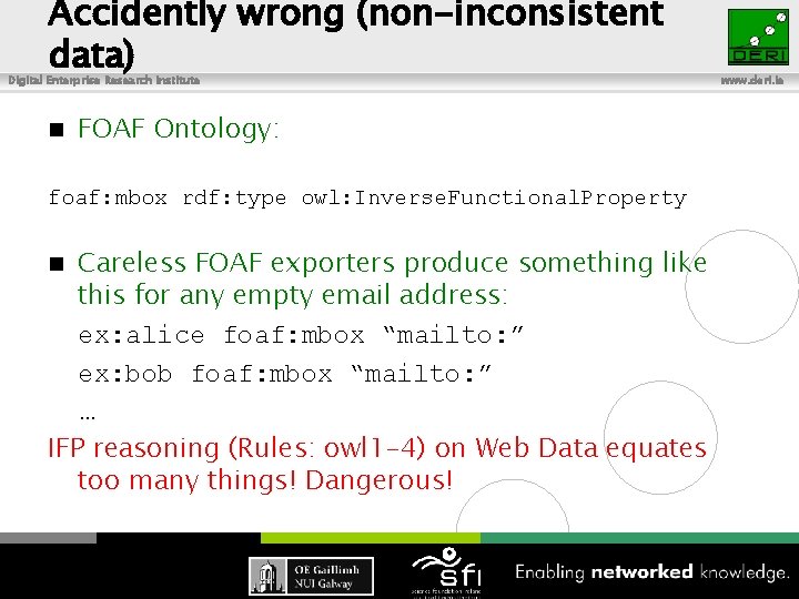 Accidently wrong (non-inconsistent data) Digital Enterprise Research Institute n FOAF Ontology: foaf: mbox rdf: