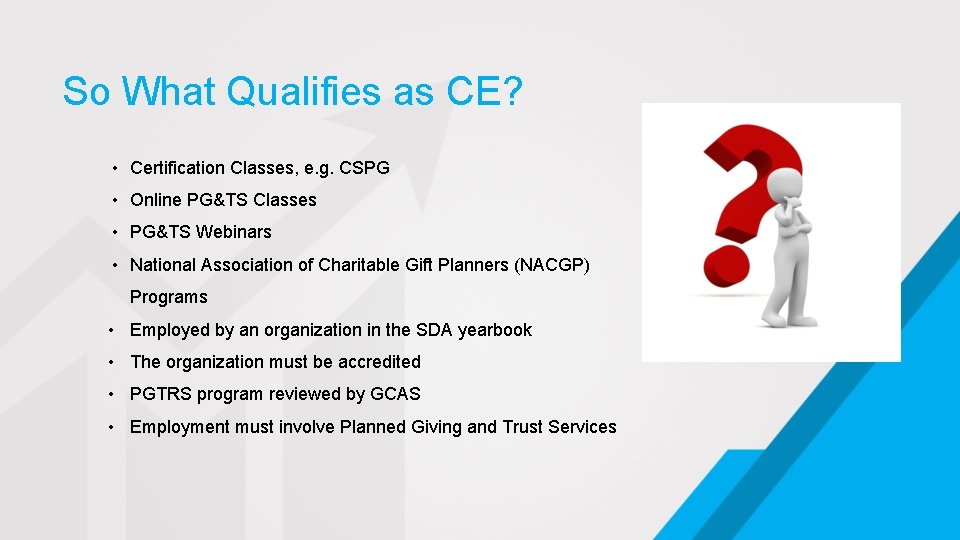 So What Qualifies as CE? • Certification Classes, e. g. CSPG • Online PG&TS