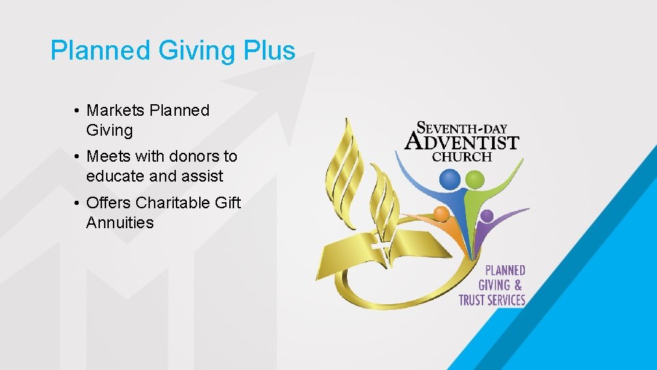 Planned Giving Plus • Markets Planned Giving • Meets with donors to educate and