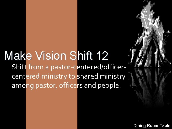 Make Vision Shift 12 Shift from a pastor-centered/officercentered ministry to shared ministry among pastor,