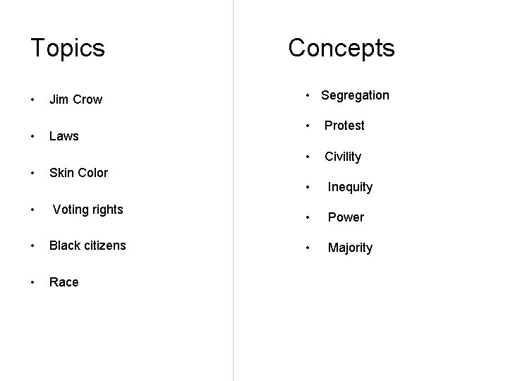 Topics • Jim Crow • Laws • Skin Color • Voting rights • Black