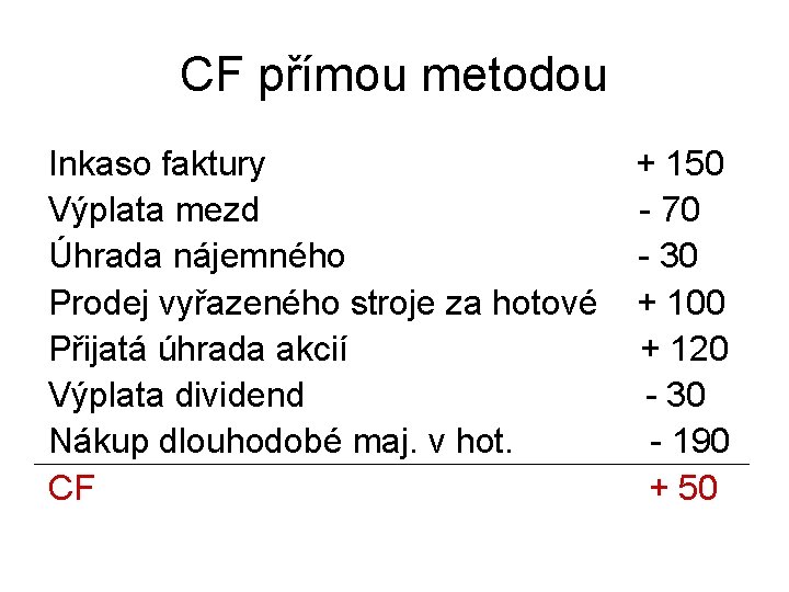 CF přímou metodou Inkaso faktury Výplata mezd Úhrada nájemného Prodej vyřazeného stroje za hotové