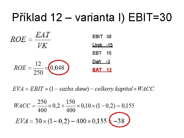 Příklad 12 – varianta I) EBIT=30 EBIT 30 Úrok -15 EBT 15 Daň -3