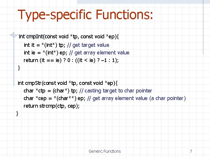 Type-specific Functions: int cmp. Int(const void *tp, const void *ep){ int it = *(int*)