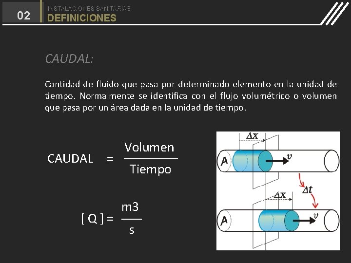02 INSTALACIONES SANITARIAS DEFINICIONES CAUDAL: Cantidad de fluido que pasa por determinado elemento en